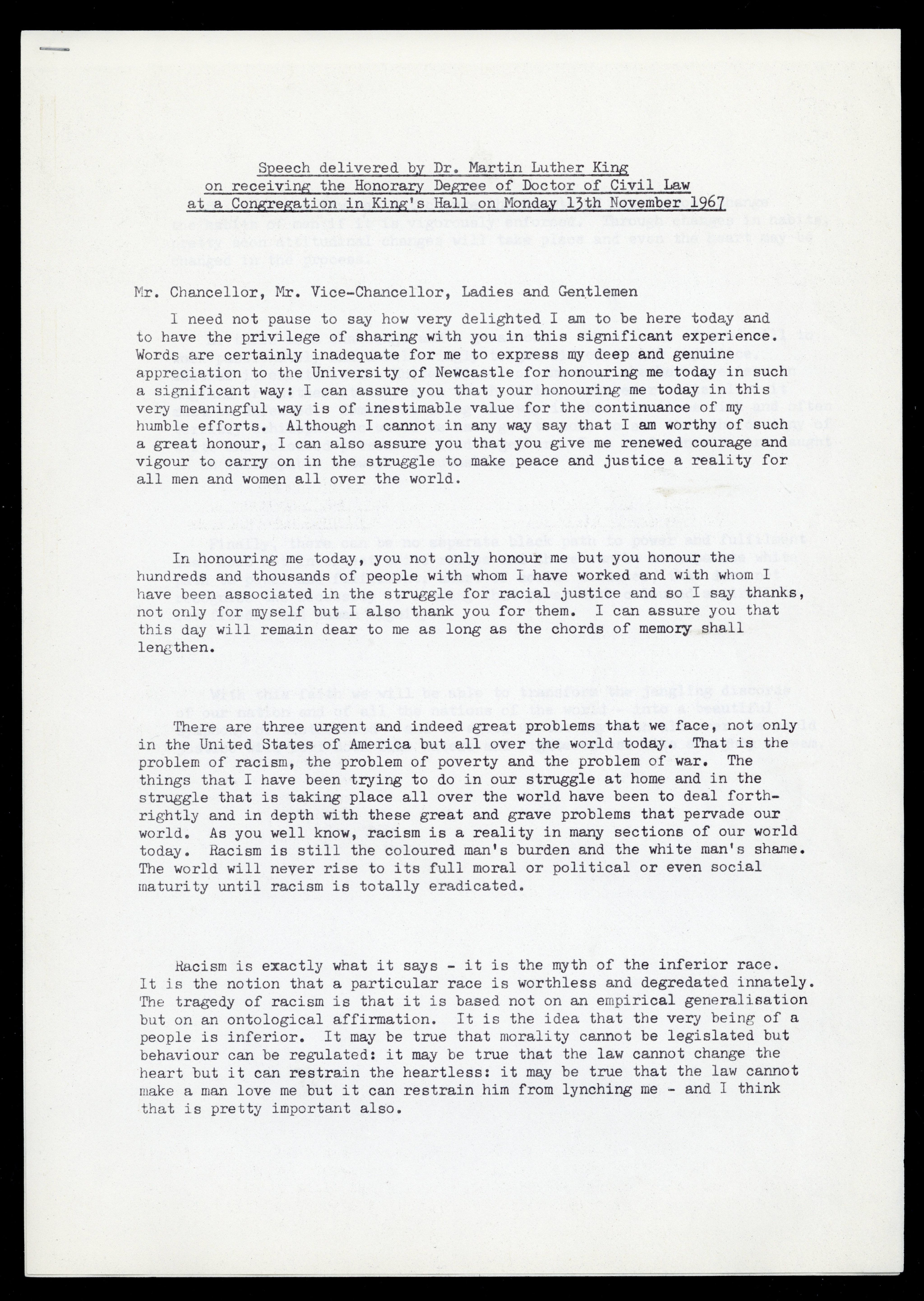 Page from a transcript of honorary degree acceptance speech given by Martin Luther King Jr, 1967. NUA/19/3.