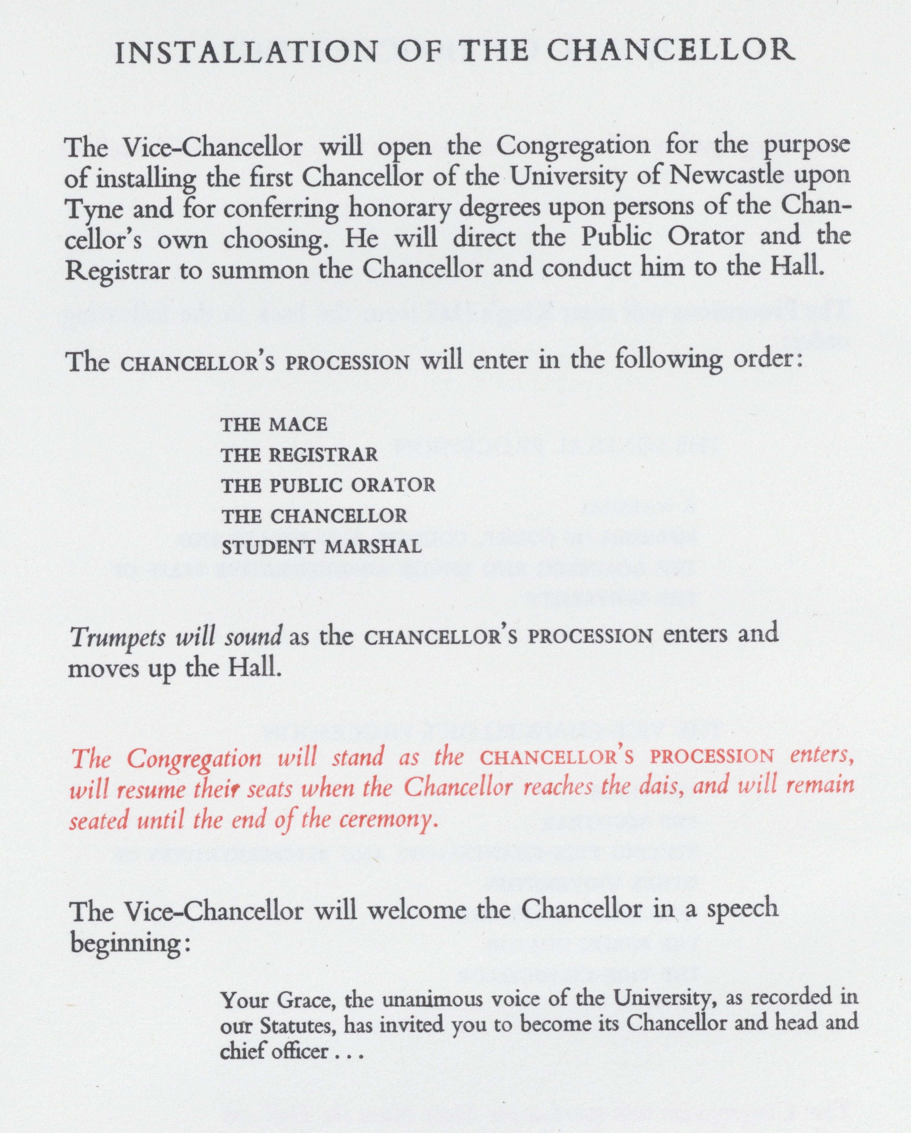 Page from the programme for installation of Hugh Percy, Duke of Northumberland, as Chancellor, 1964. NUA/16/10.