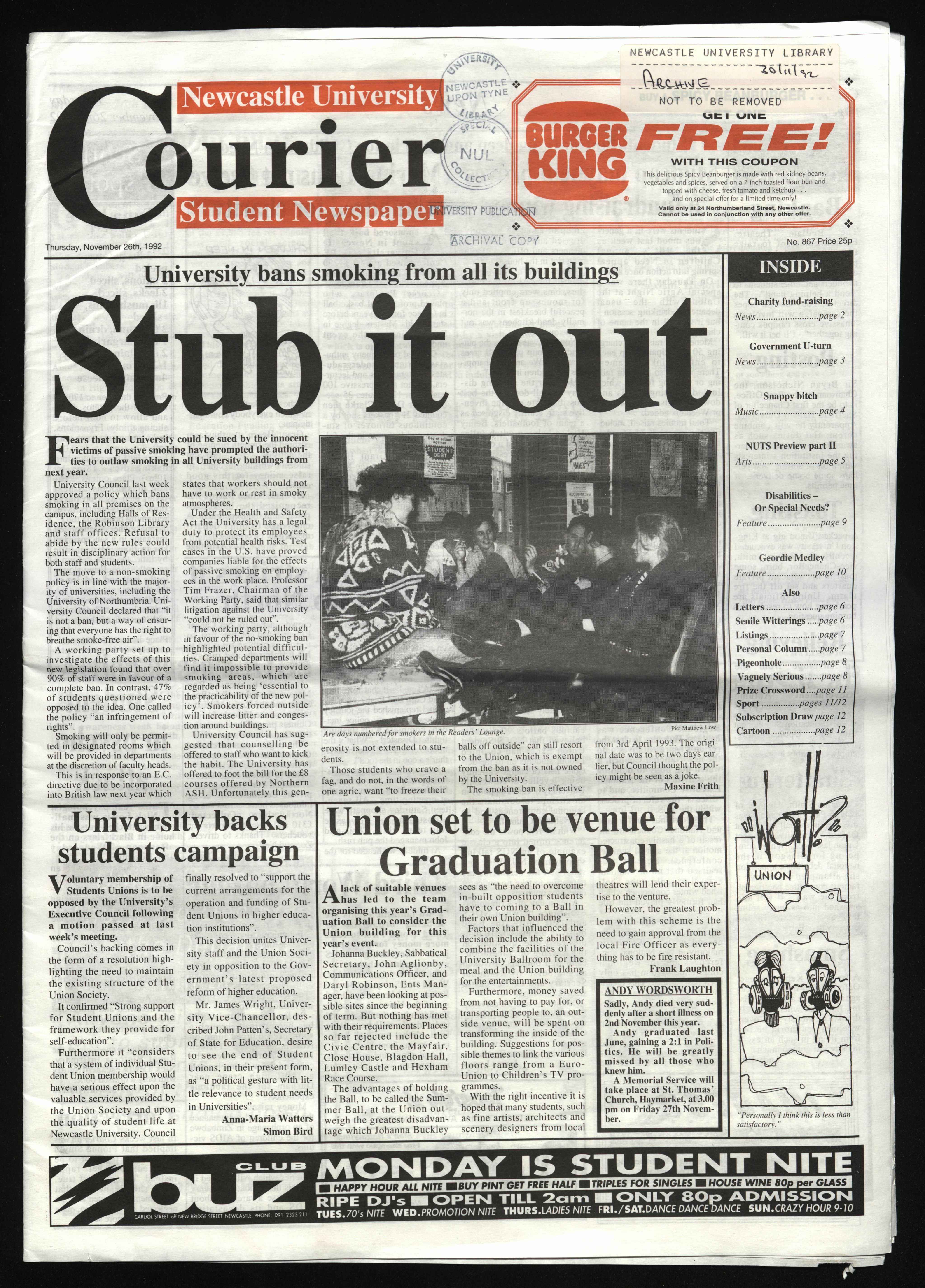 Page from The Courier, 26th November 1992. NUA/13/4/1.