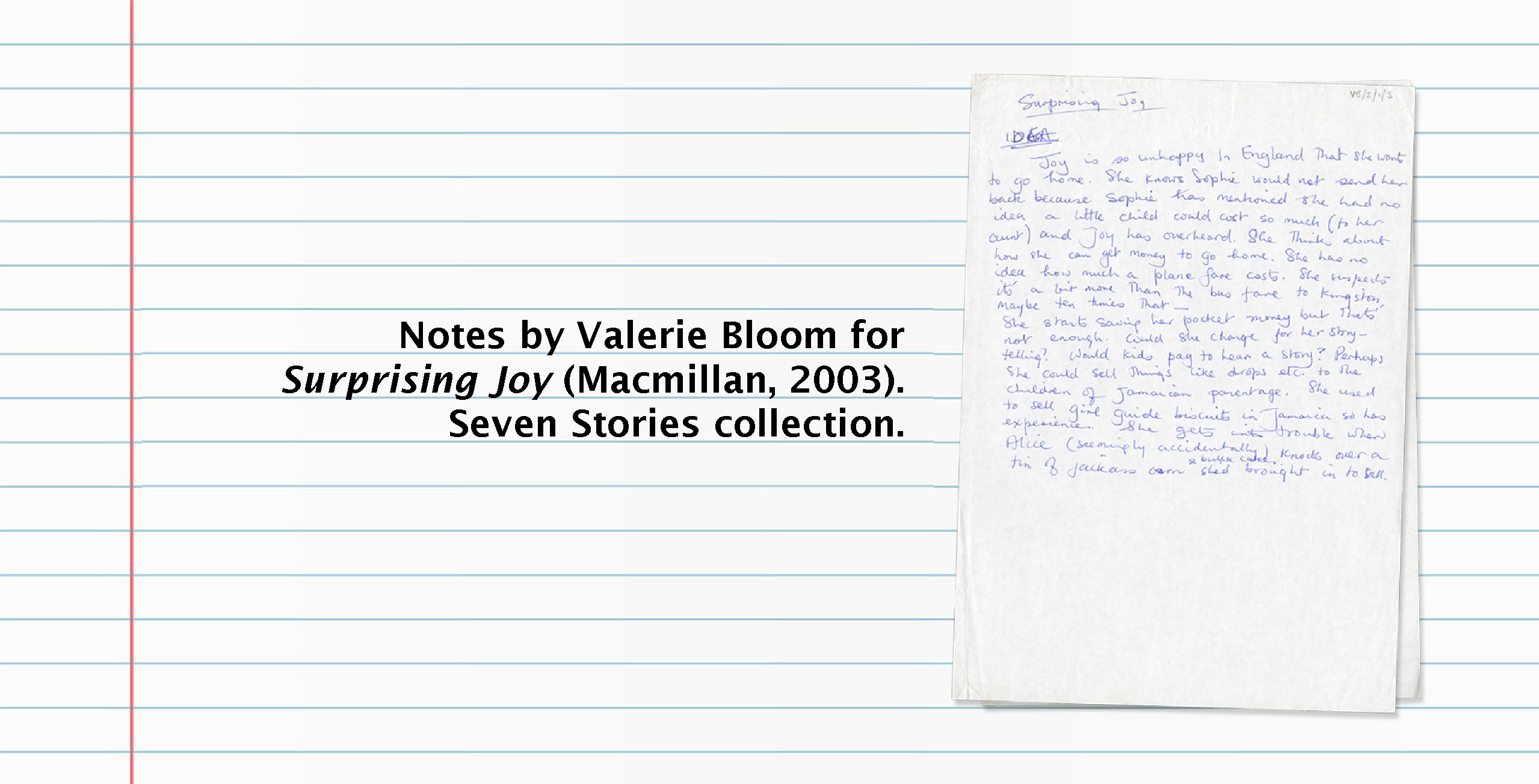Text (left) reads: Notes by Valerie Bloom Surprising Joy (Macmillan, 2013). Image (right): Page of notes for Surprising Joy.
