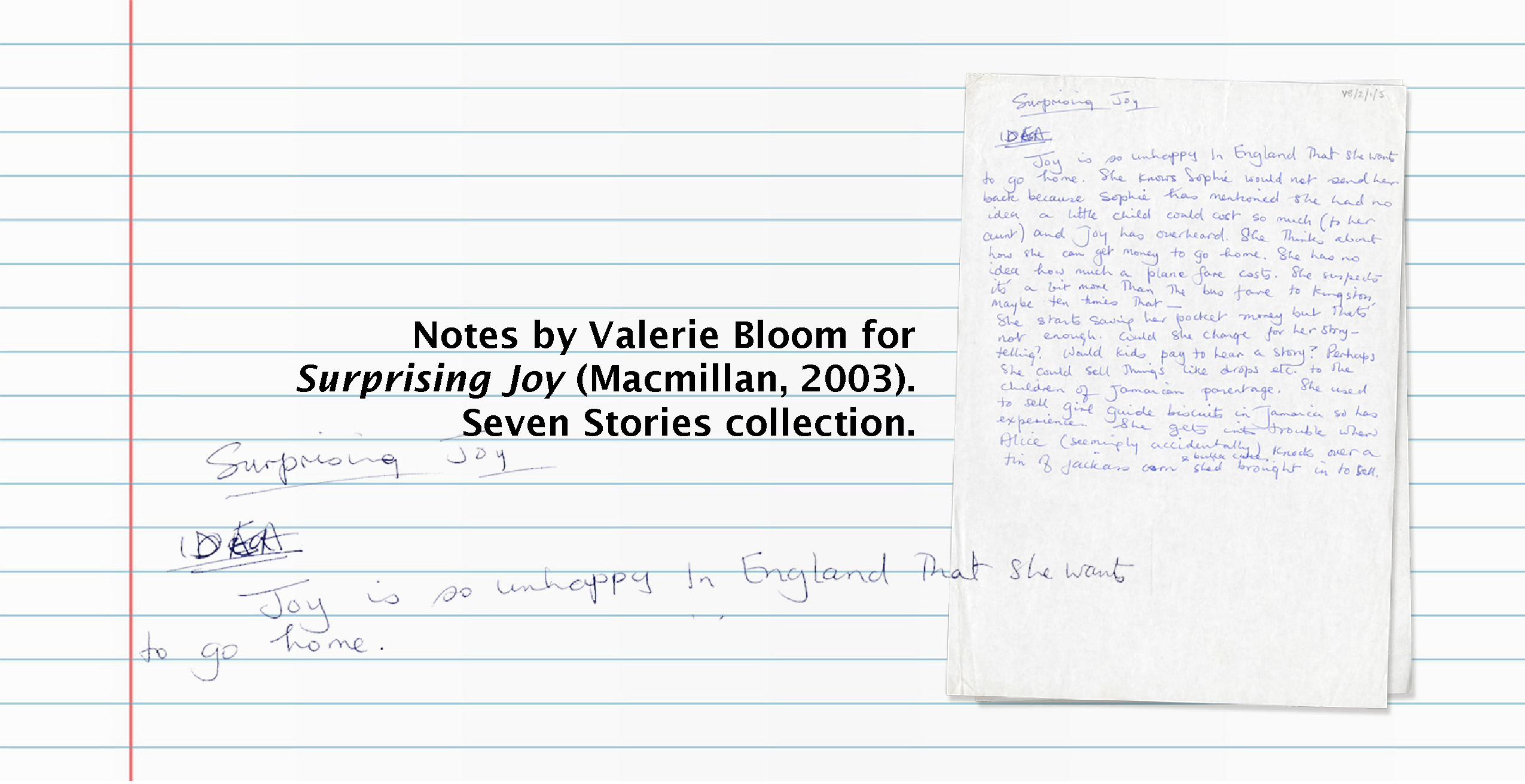 Text (left) reads: Notes by Valerie Bloom Surprising Joy (Macmillan, 2013). Image (right): Page of notes for Surprising Joy.