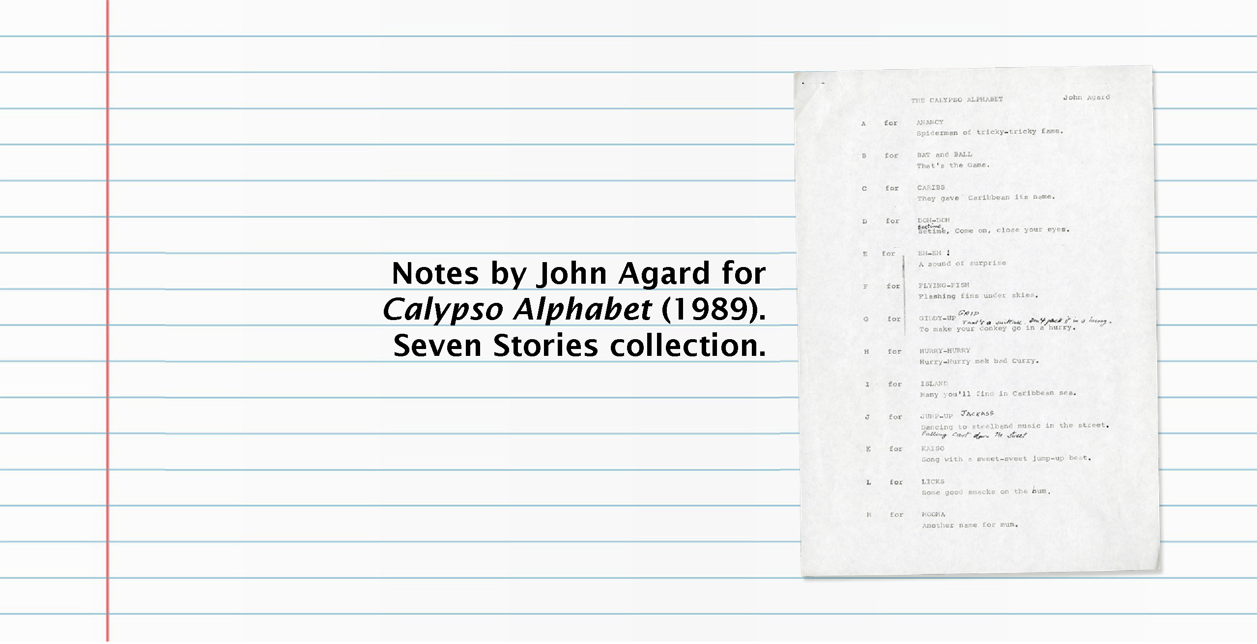 Text (left) reads: Notes by John Agard for Calypso Alphabet (1989). Image (right): Page of notes from Calypso Alphabet.