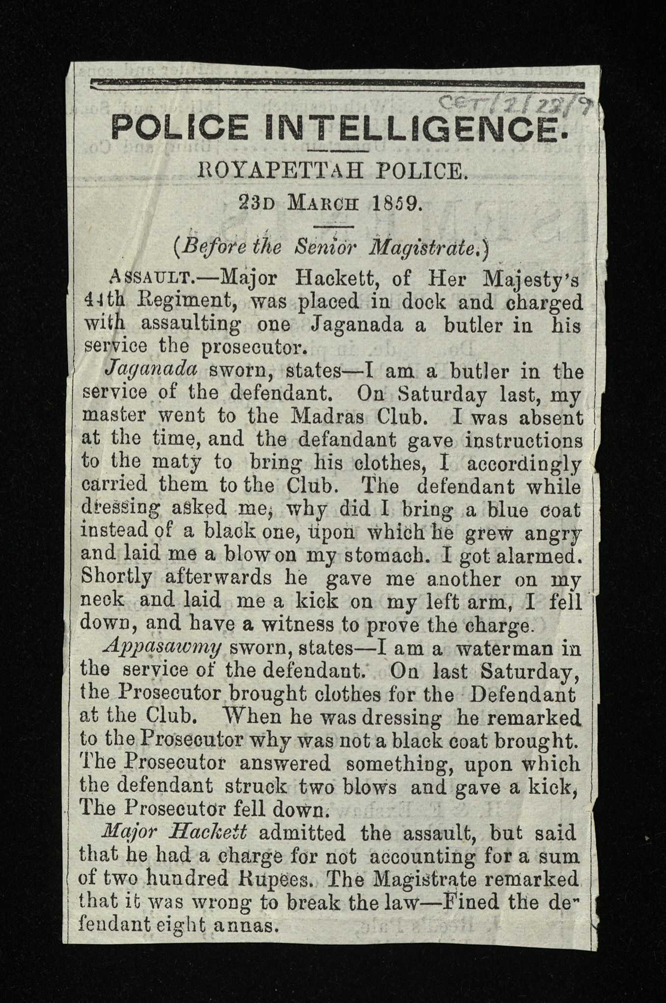 Printed newspaper cutting with the headline 'Police Intelligence'