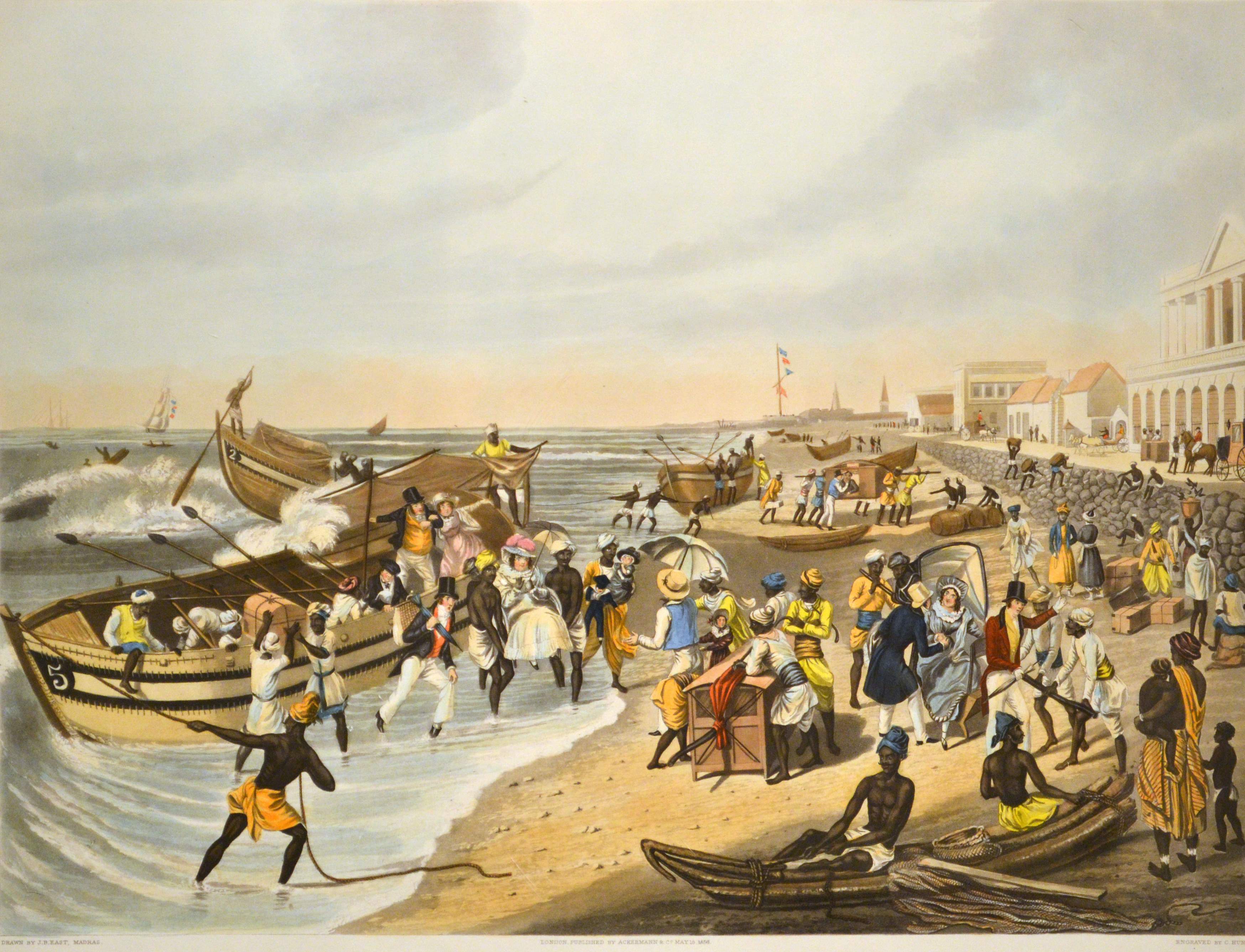 Painting of a crowd leaving a boat for shore with luggage. The scene shows Indians carrying luggage and white passengers
