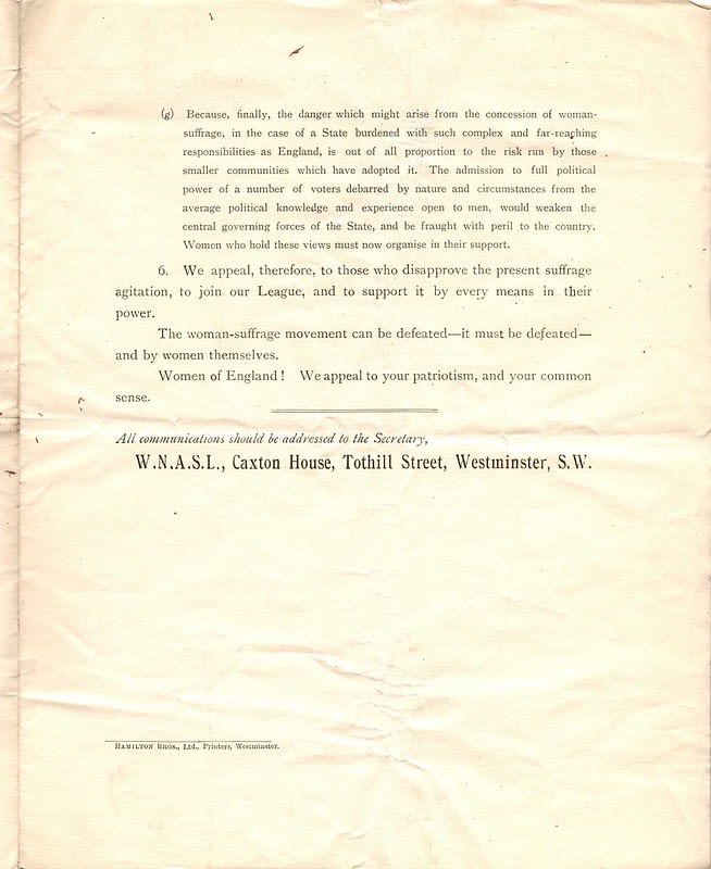 The Women's National Anti-Suffrage League Manifesto, third page.