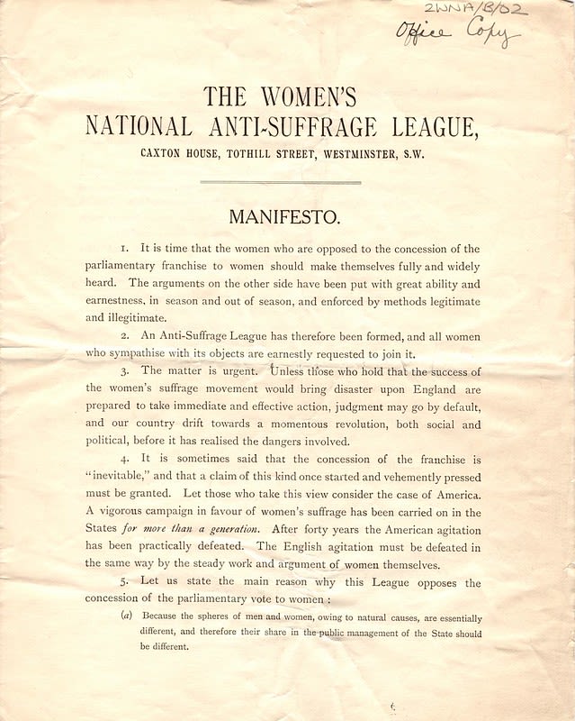 The Women's National Anti-Suffrage League Manifesto, first page.