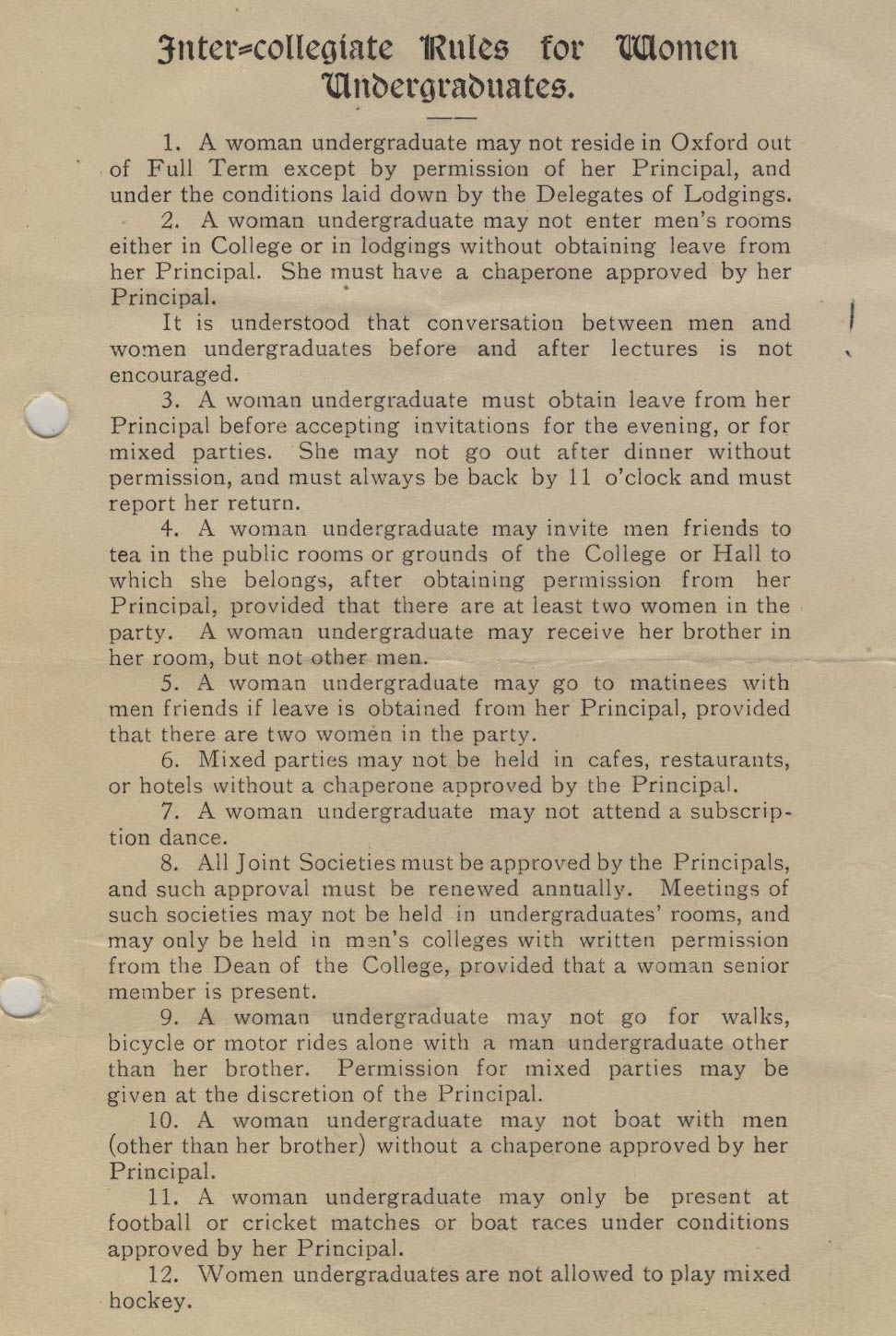 Inter-collegiate Rules for Women Undergraduates at Lady Margaret Hall, Oxford University from c.1910.