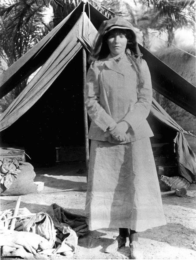 Gertrude Bell outside a tent aged 41.