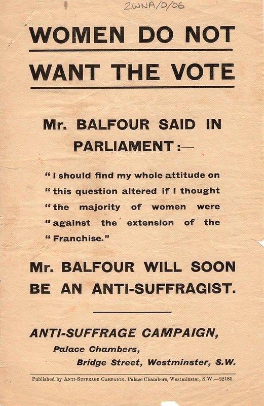 Anti-Suffrage pamphlet with the title 'WOMEN DO NOT WANT THE VOTE'.